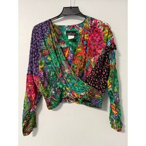 Carole Little Petites Vintage‎ 90s Patchwork Floral Wrap Crop Top Blouse Size 10